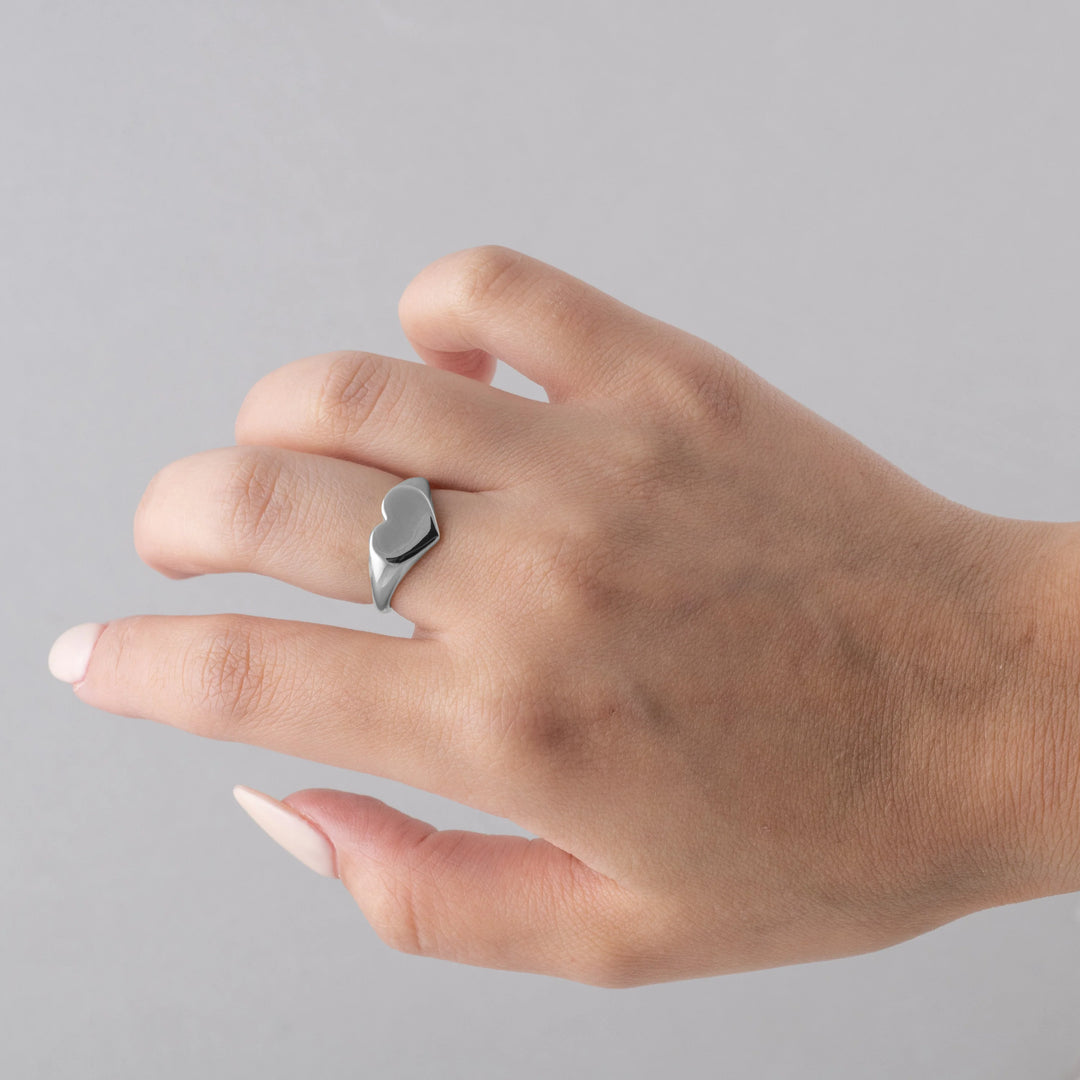 Sterling Silver Plain Solid Heart Tapered Signet Ring
