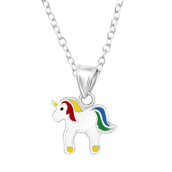 S/S Rainbow Enamel Unicorn Pendant With 40Cm Chain + 5Cm Extender