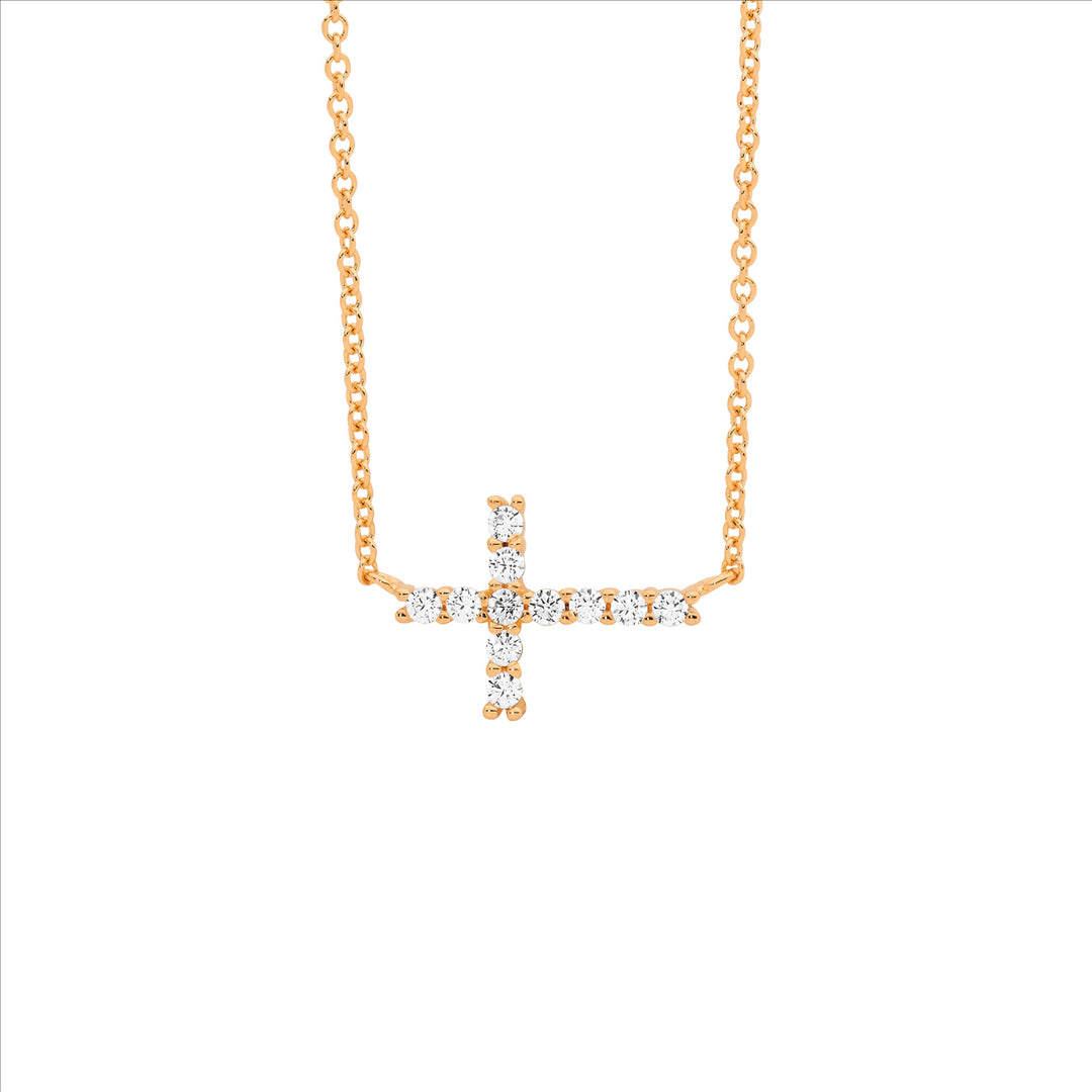 Ellani Rose Gold Plated CZ Cross Necklace