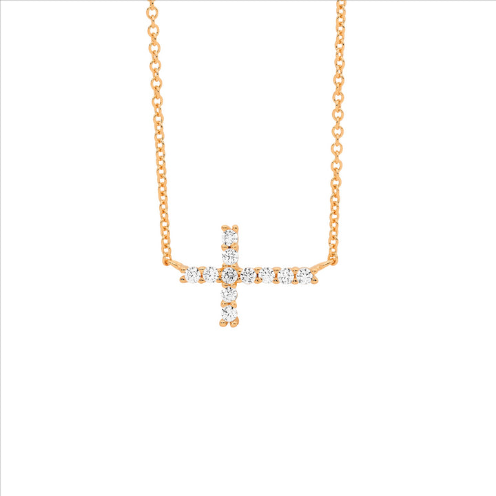 Ellani Rose Gold Plated CZ Cross Necklace