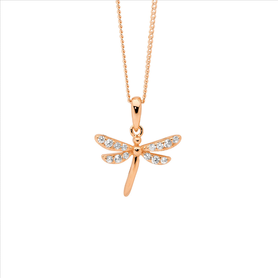 Ellani S/Silver Wh Cz Dragonfly Pendant W/Rose Gold Plating