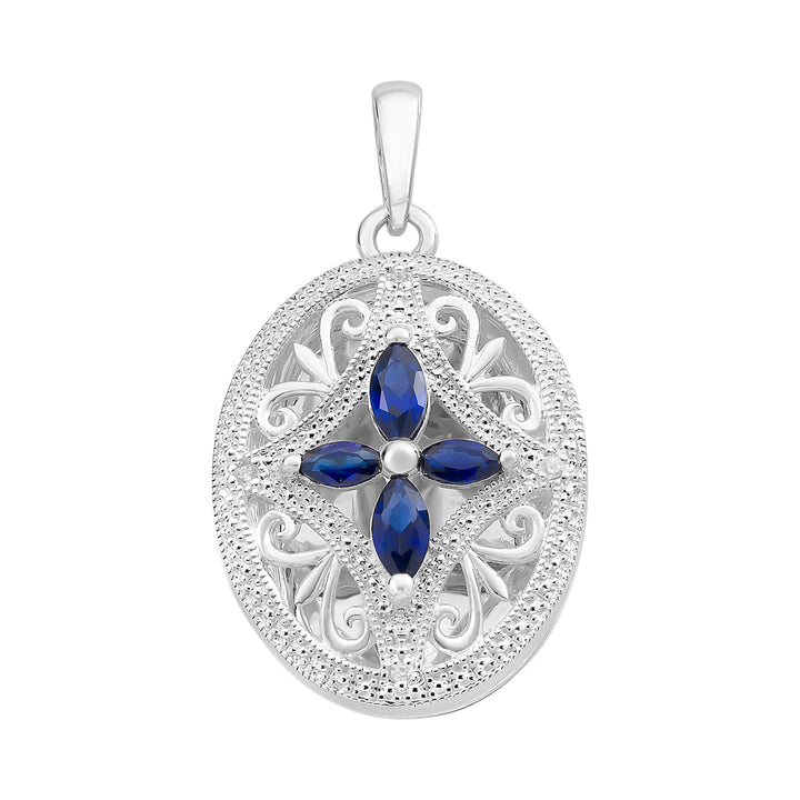Silver Created Sapphire & CZ Oval Locket Necklace