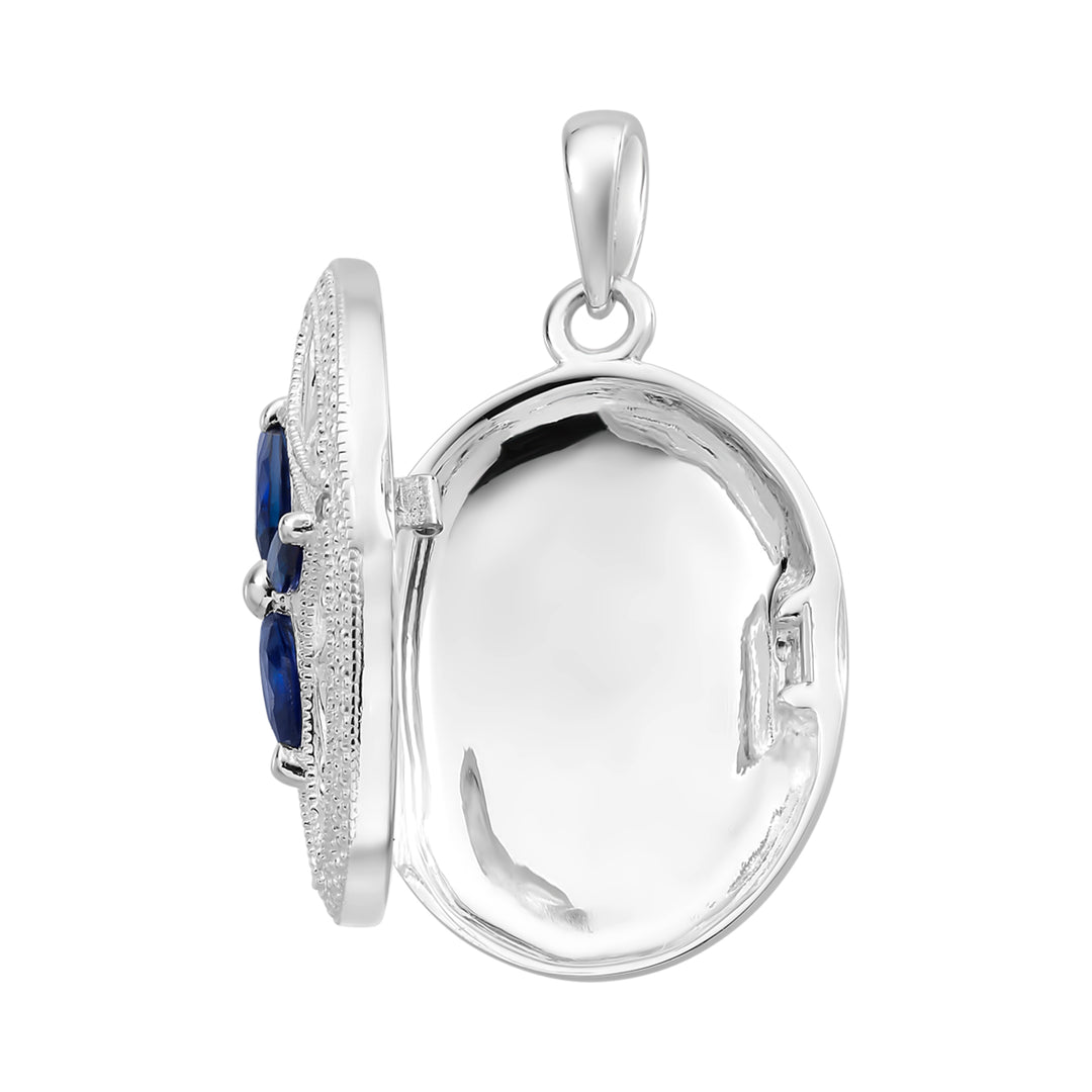 Silver Created Sapphire & CZ Oval Locket Necklace