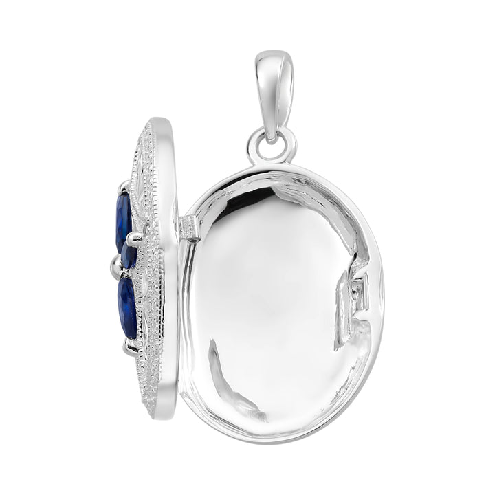 Silver Created Sapphire & CZ Oval Locket Necklace