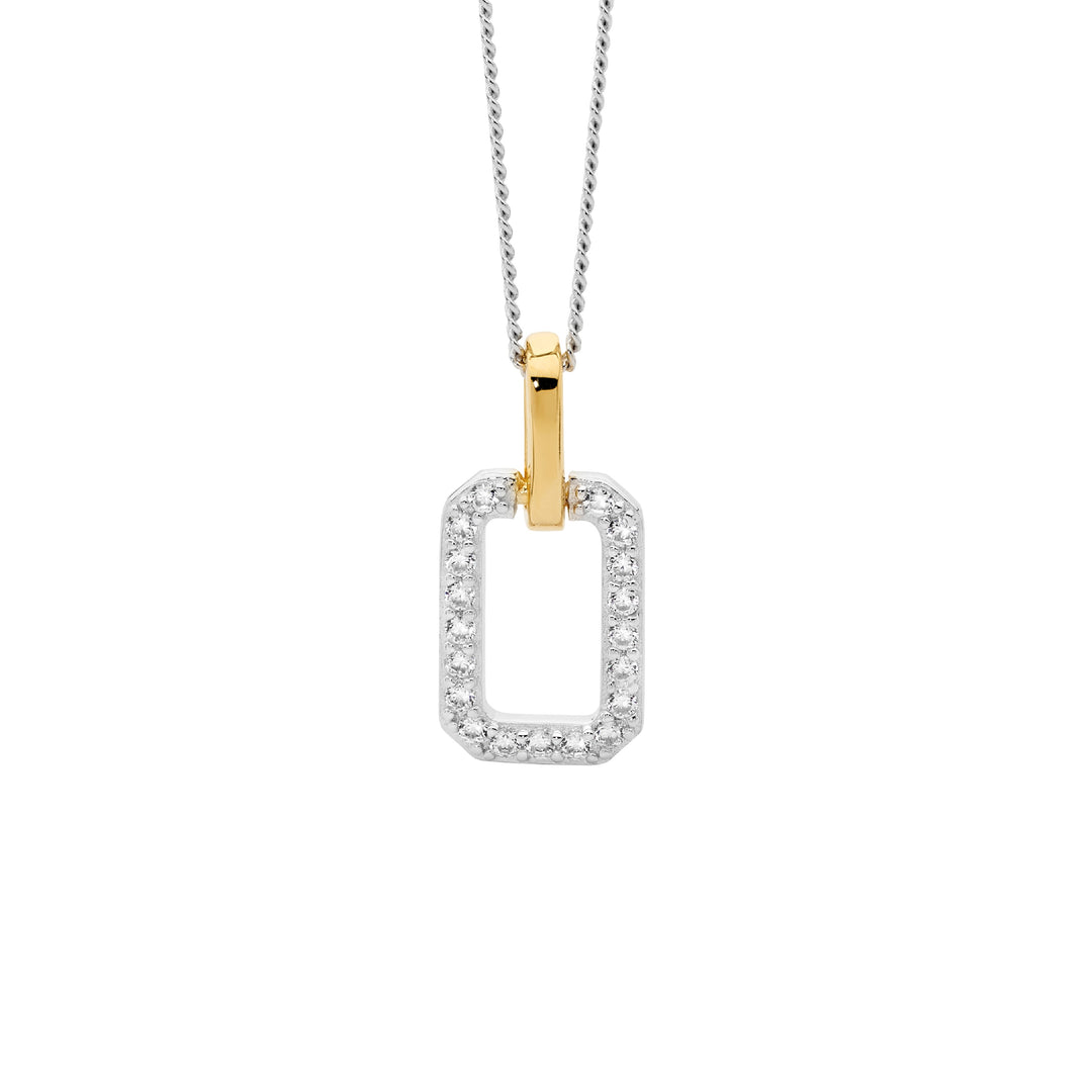 Ellani Silver & YG Plated Rectangle CZ Necklace
