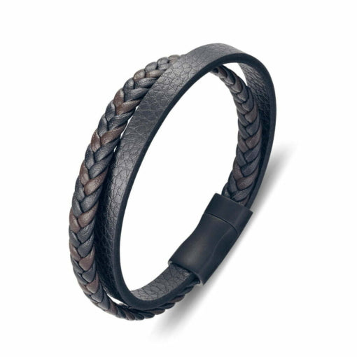 Blaze Stainless Steel Men’S Double Strand Brown And Black Leather Bangle With Matte Black Clasp