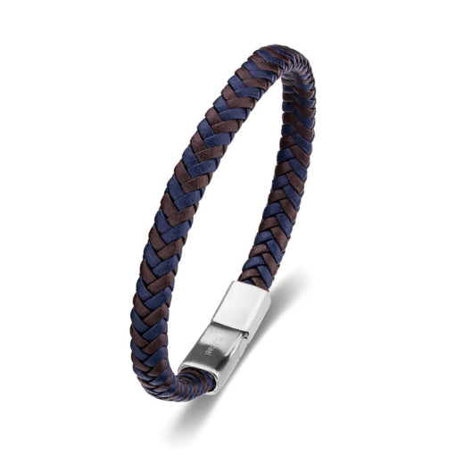 Blaze Stainless Steel Men’S Brown And Blue Leather Braid Bangle