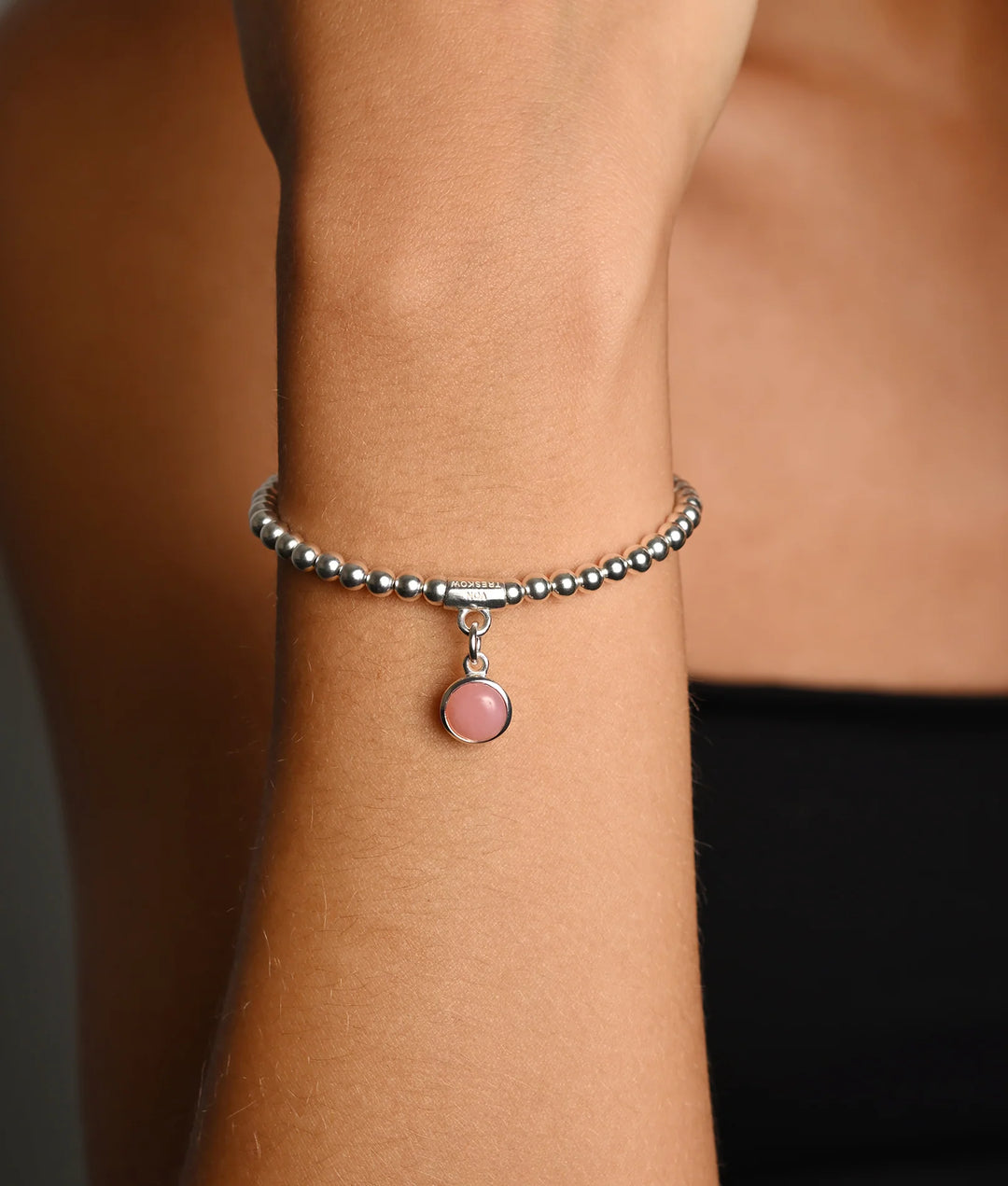 Von Treskow Silver Stretch Ball Bracelet With Round Natural Pink Opal