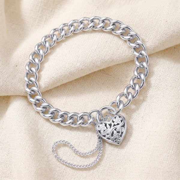 Silver Heart Padlock Curb Bracelet