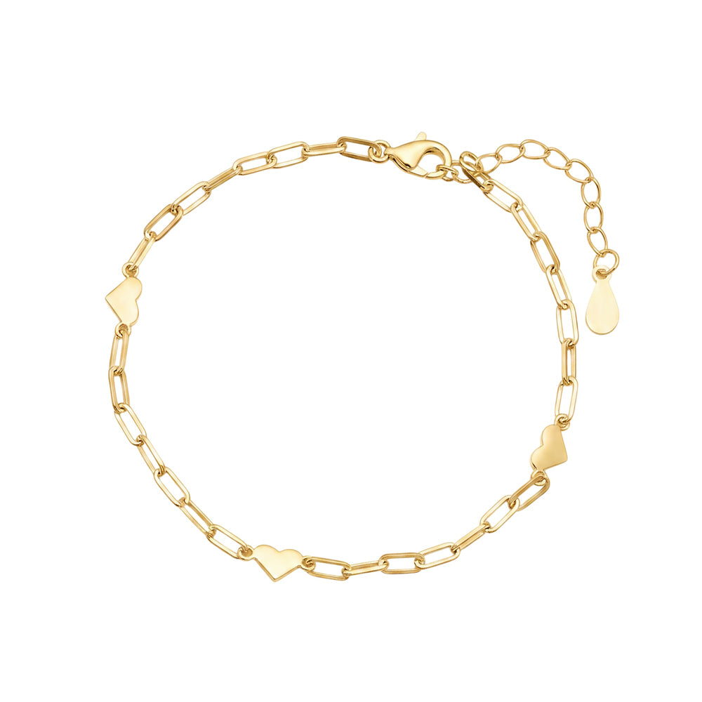 Gold Plated Sterling Silver Paperclip Chain Bracelet With Hearts