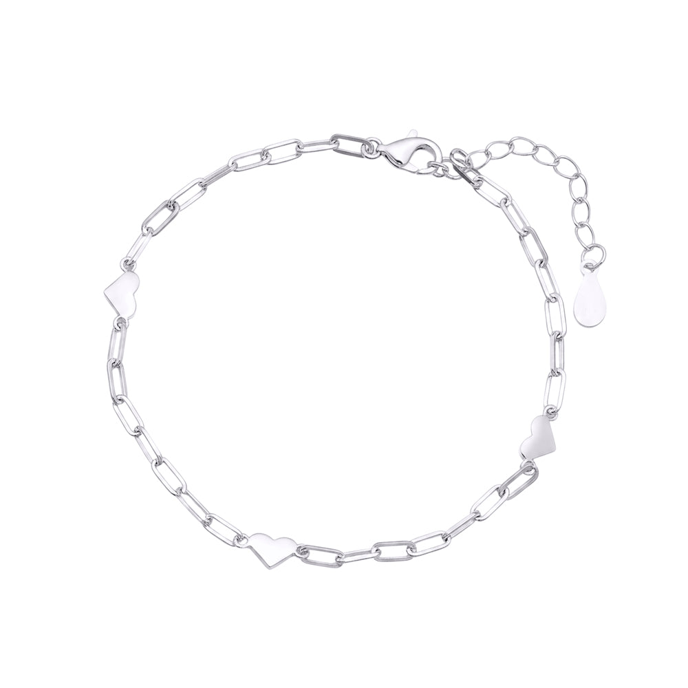 Sterling Silver Paperclip Chain Bracelet With Hearts