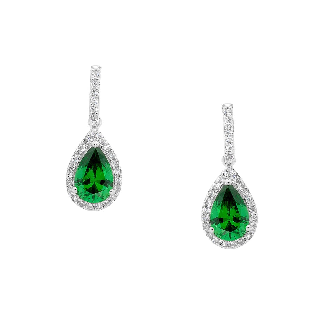 Ellani Silver Pear Shaped Drop Studs WIth Green & White CZ's