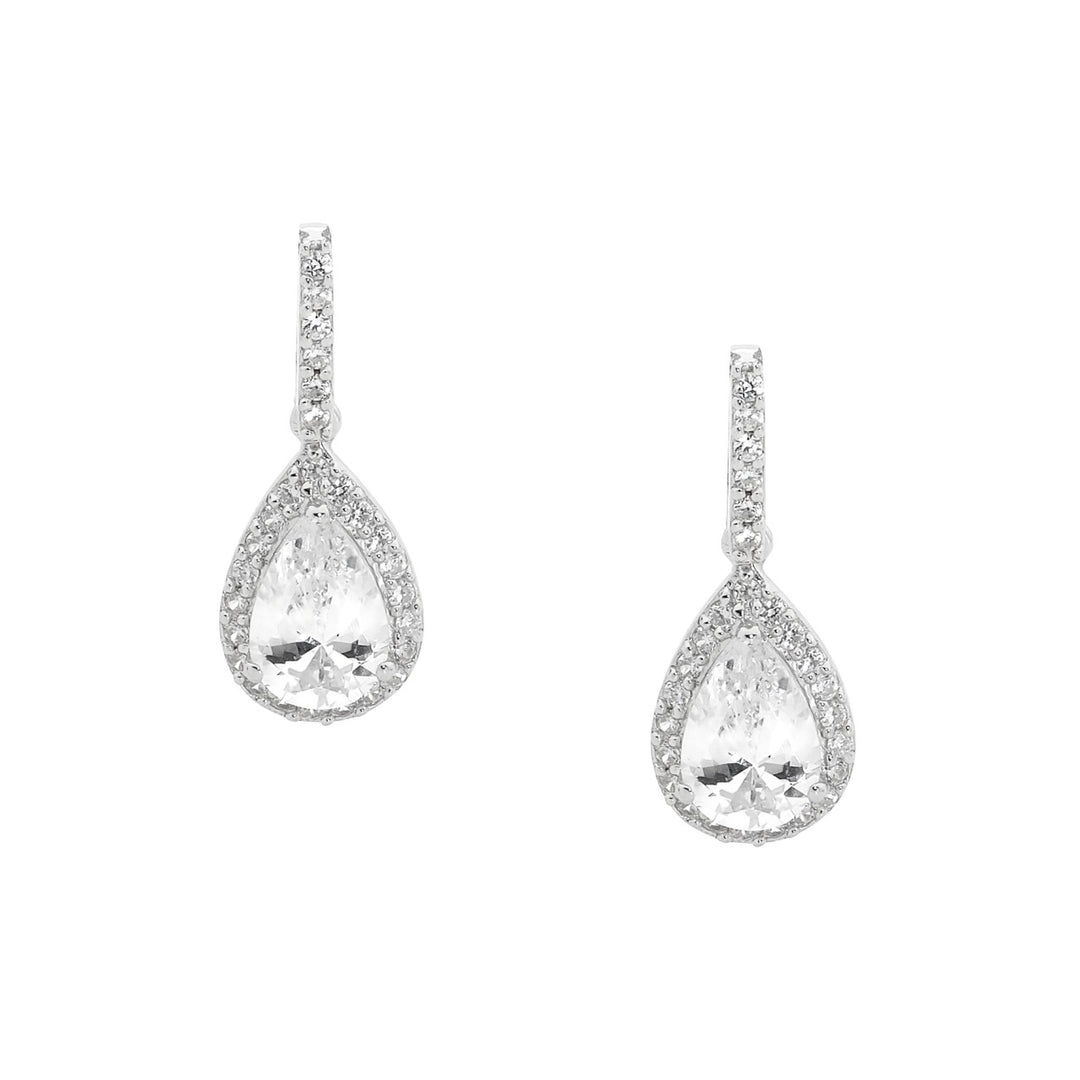 Ellani Silver Pear Shaped CZ Drop Stud Earrings