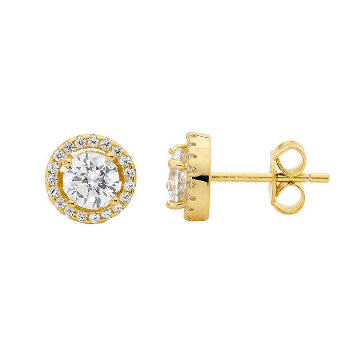 Ellani Yellow Gold Plated CZ Halo Studs