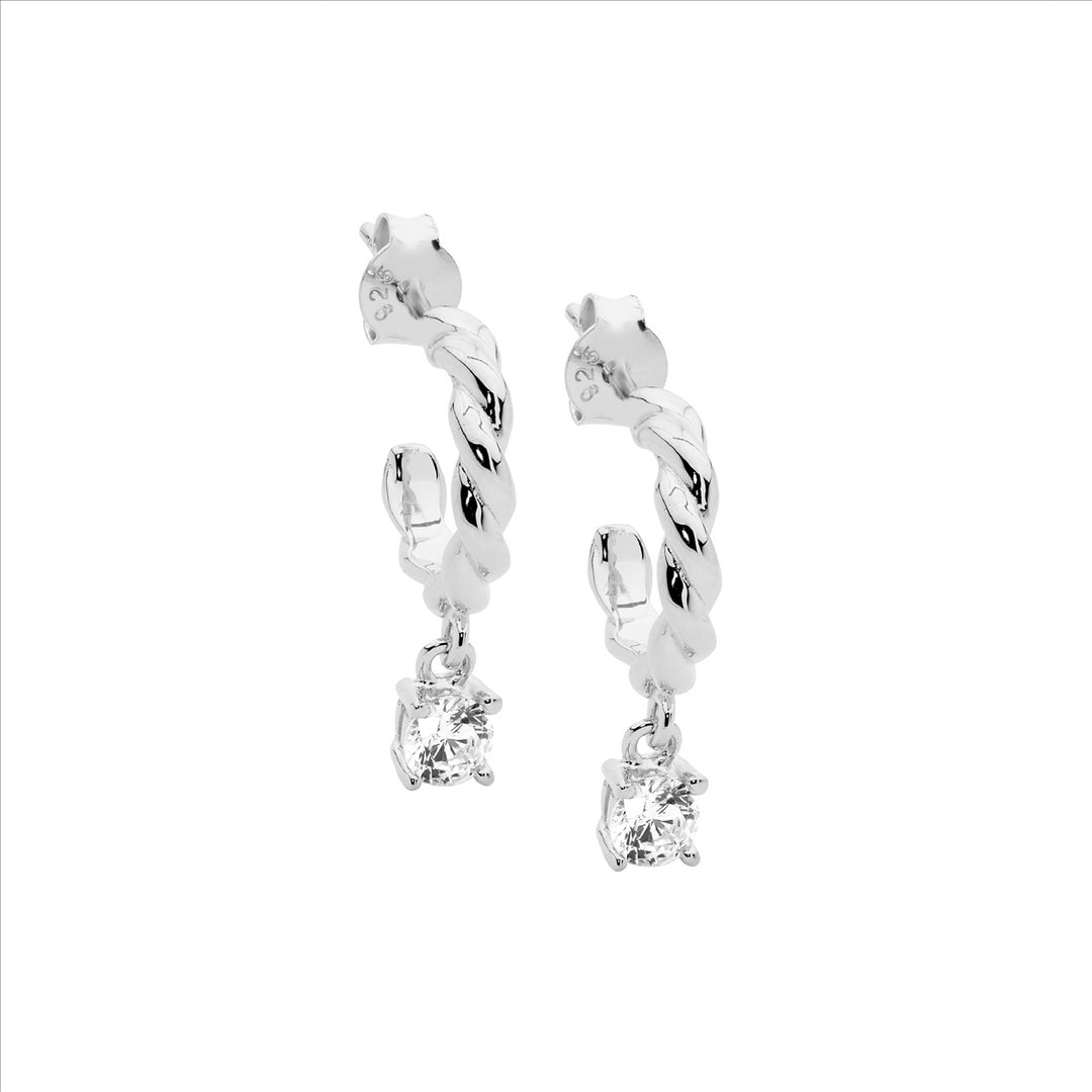 Ellani Silver Twist Hoop Studs W CZ Drop