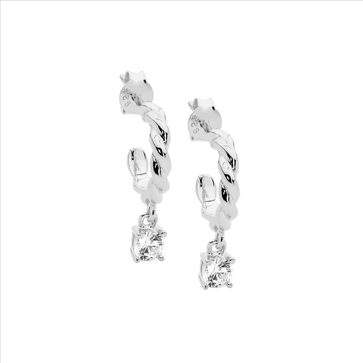 Ellani Silver Twist Hoop Studs W CZ Drop