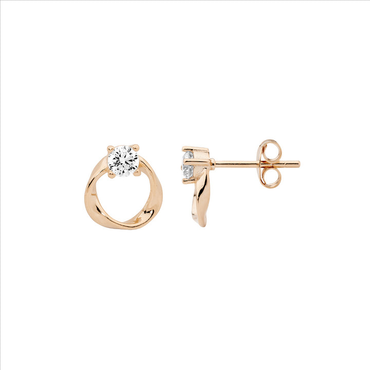 Ellani Rose Gold Plated Twist Circle CZ Studs