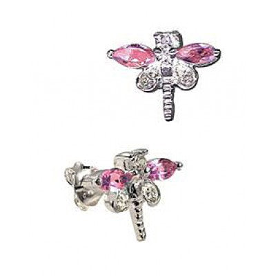Silver Pink CZ Dragonfly Studs