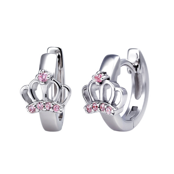 Silver Princess Crown Pink CZ Huggies