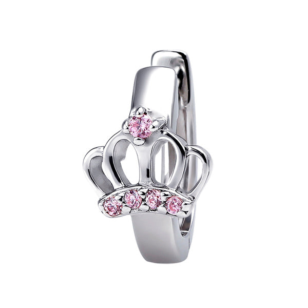 Silver Princess Crown Pink CZ Huggies