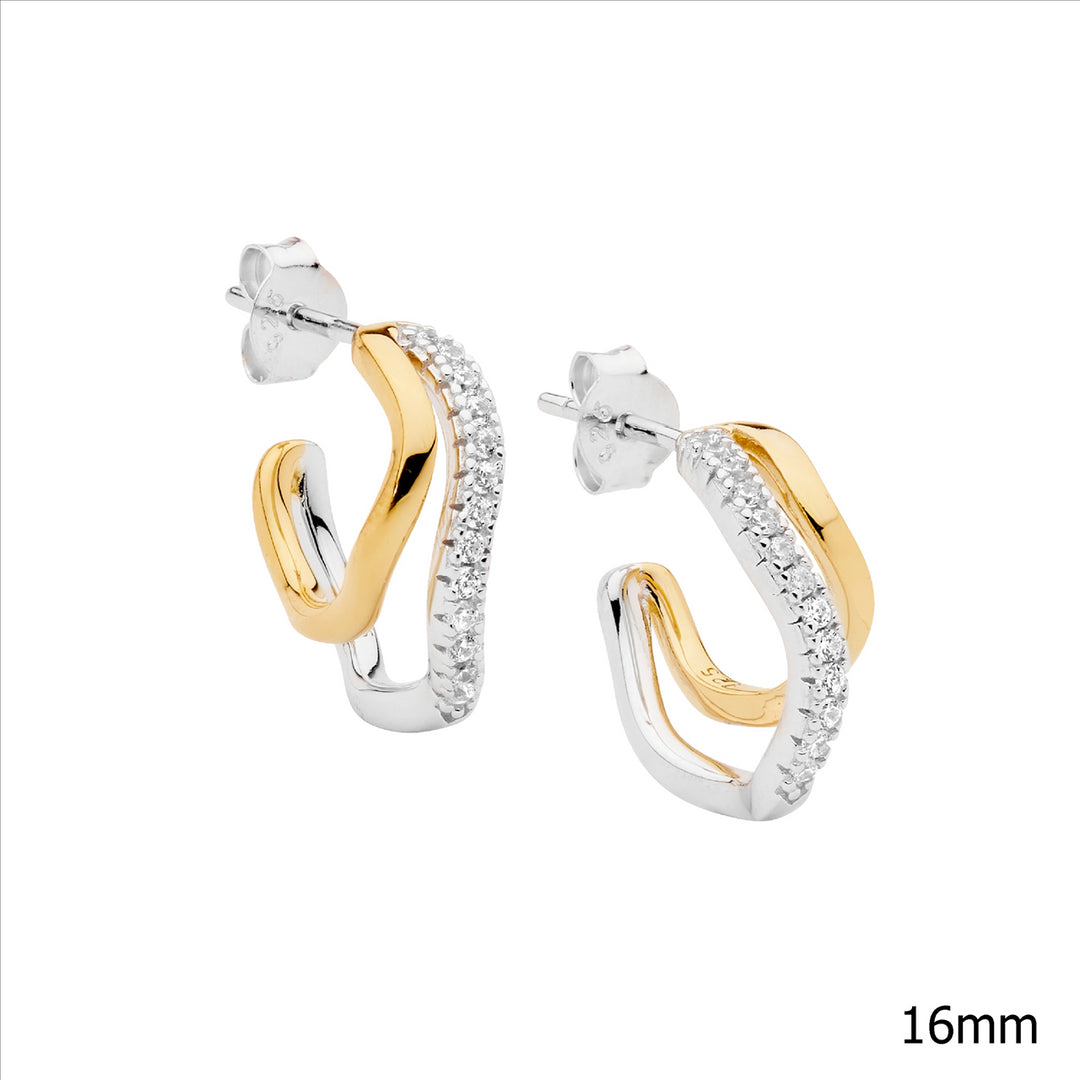 Ellani Silver & YG Plated Double Wave CZ Stud Hoops