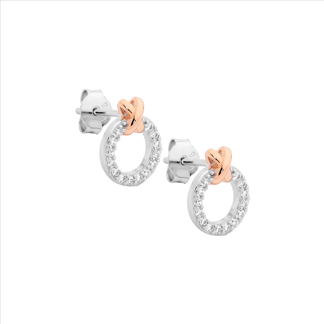 Ellani Silver & RG Plated CZ Circle "X" Studs