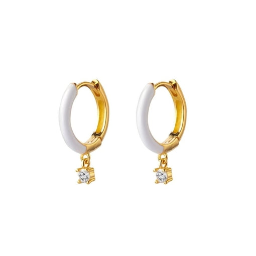 Sterling silver gold plated hoop earrings with white enamel and CZ charm