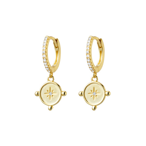 Sterling Silver Gold Plated Pave Set Cz Huggie Earrings With North Star Circle Drop