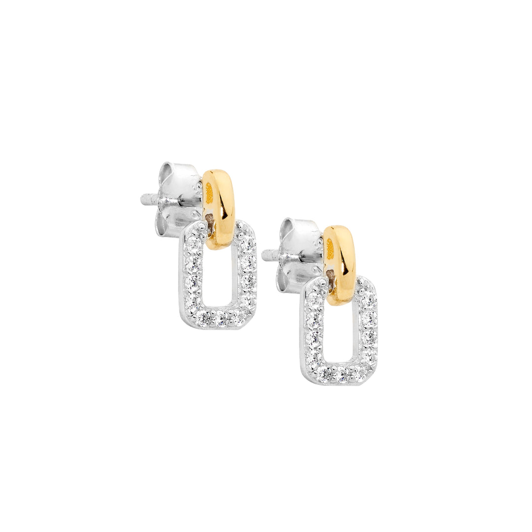 Ellani Silver & YG Plated Rectangle CZ Drop Studs