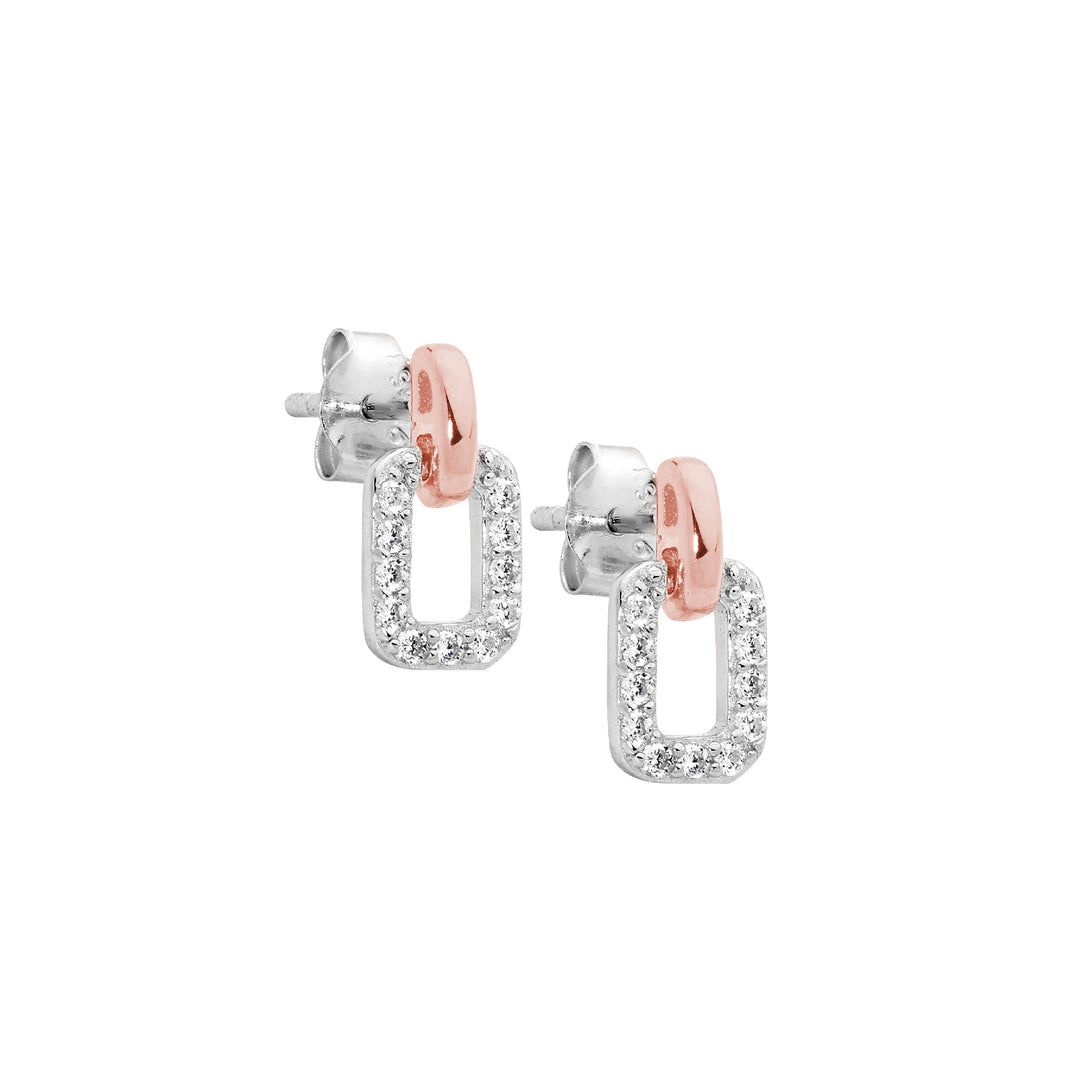 Ellani Silver & YG Plated Rectangle CZ Drop Studs