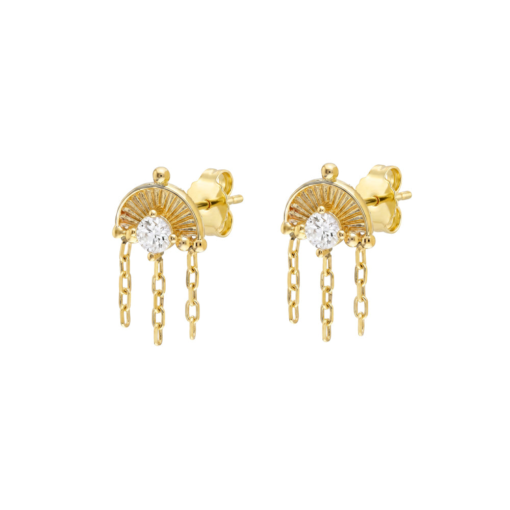 YG Plated CZ Sunburst Stud With Chain Dangles