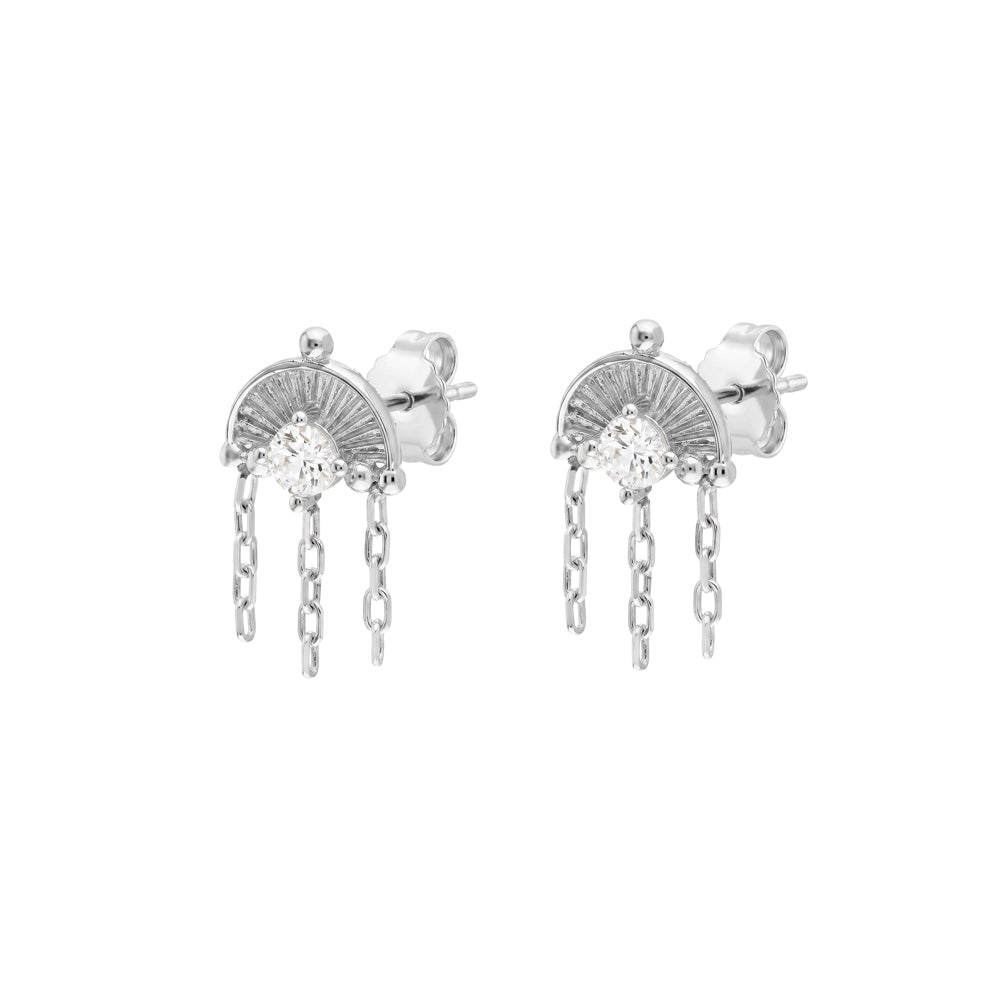 Silver CZ Sunburst Stud With Chain Dangles