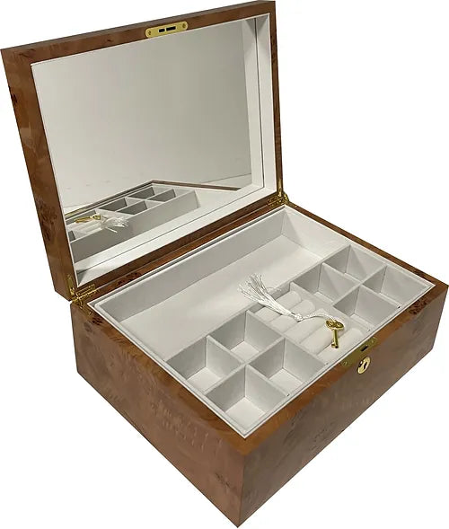 White Oak Low Rectangle Jewellery Box W Mirror & Lift Out Shelf
