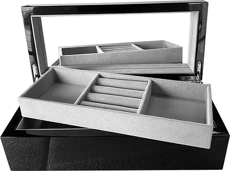 Black Rectange Small Timber Jewellery Box W Mirror & Shelf