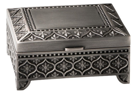 Pewter Finish Square Leaf Pattern Jewellery Box