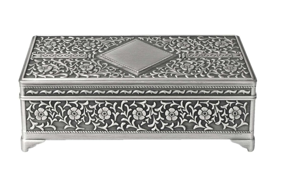 Pewter Finish Rectangle Patterned Small Jewellery Box