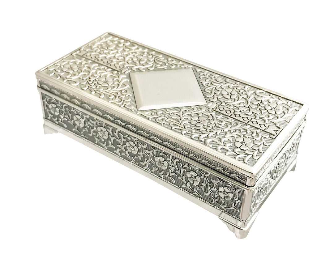 Silver Plated Rectangle Patterned Medium Jewellery Box