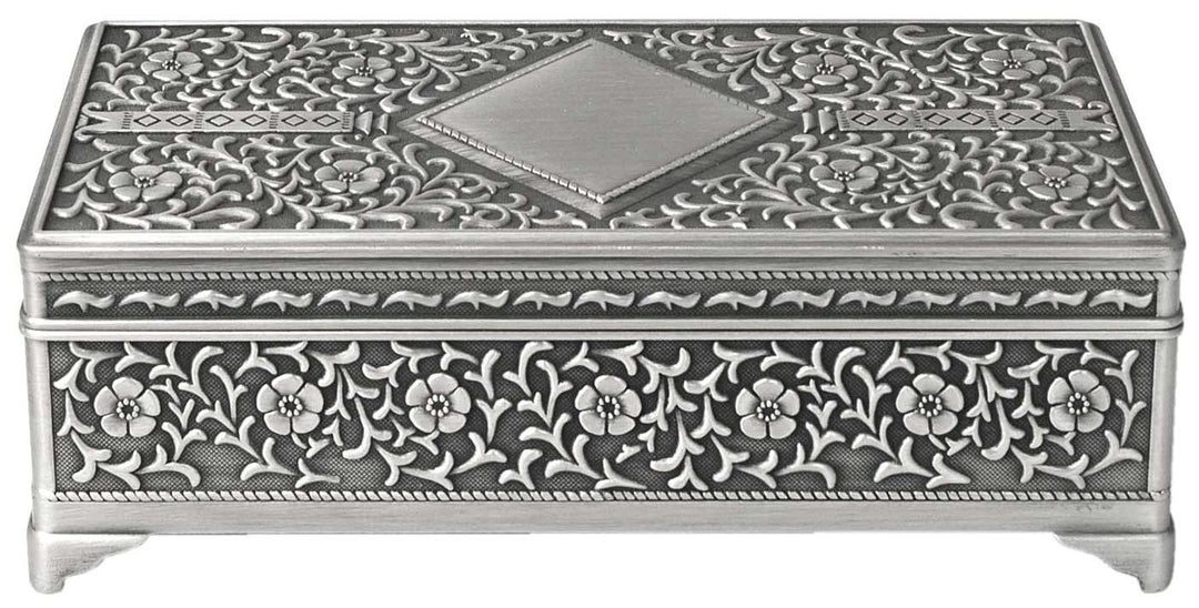 Pewter Finish Rectangle Patterned Large Jewellery Box
