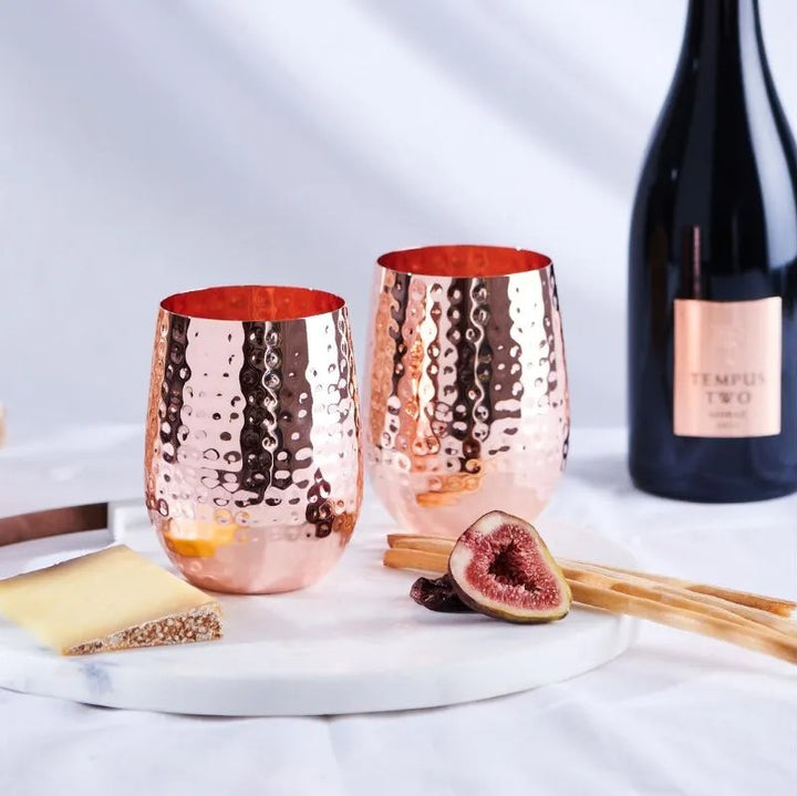 CLINQ Copper Hammered Stemless Wine Glasses