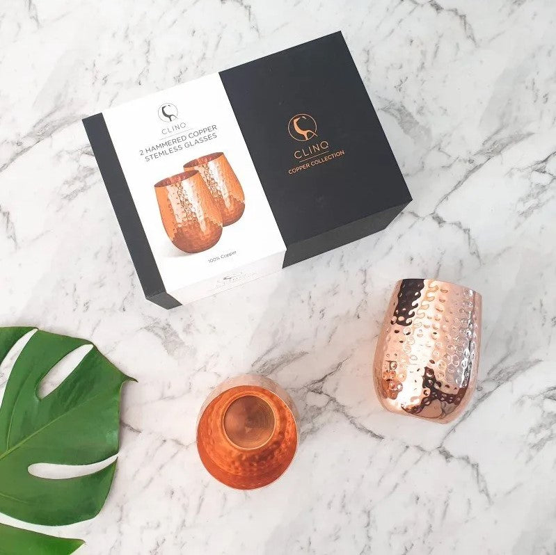 CLINQ Copper Hammered Stemless Wine Glasses